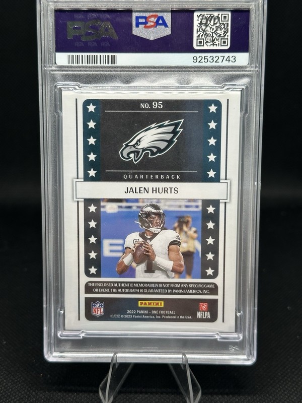 2022 Panini One - Lone Star Autographs Jalen Hurts #95 /20 (AU, MEM) PSA 10 view 2