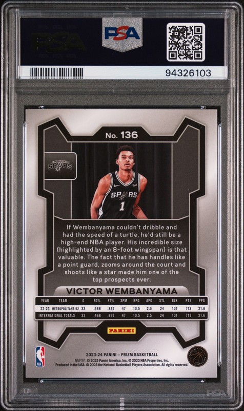 2023 PANINI PRIZM #136 VICTOR WEMBANYAMA ROOKIE RC PSA 10 view 2