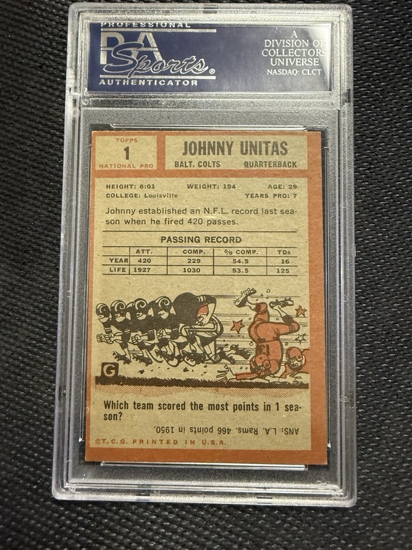 Topps 1962 Johnny Unitas #1 PSA 5 EX Baltimore Colts Football Card view 2