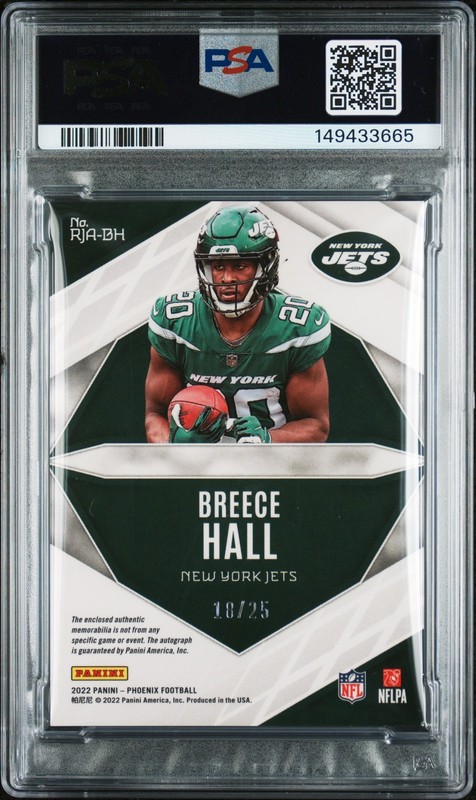 2022 PANINI PHOENIX RPS ROOKIE JERSEY AUTO BREECE HALL 18/25 PSA 8 AUTO 10 view 2