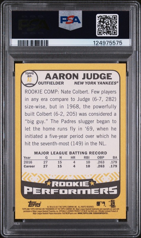 2017 TOPPS HERITAGE ROOKIE PERFORMERS #RP-AJ AARON JUDGE PSA 10 view 2