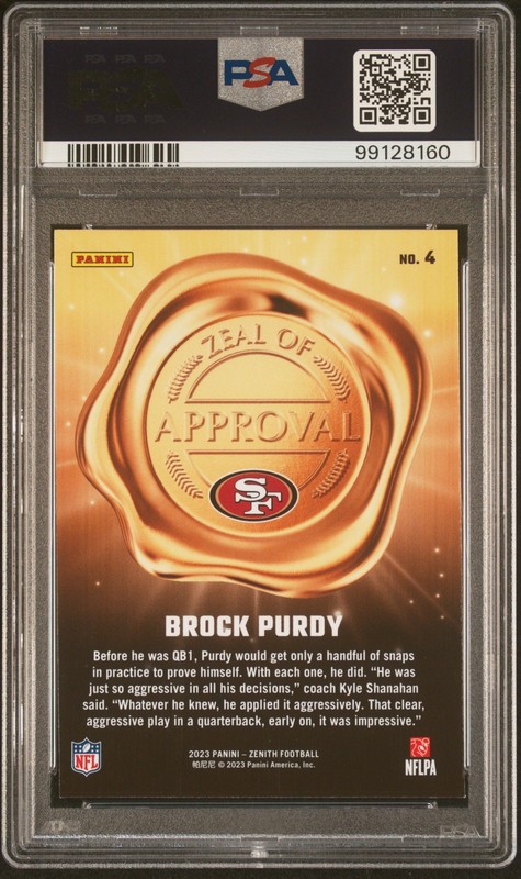 2023 PANINI ZENITH ZEAL OF APPROVAL #4 BROCK PURDY PSA 10 view 2