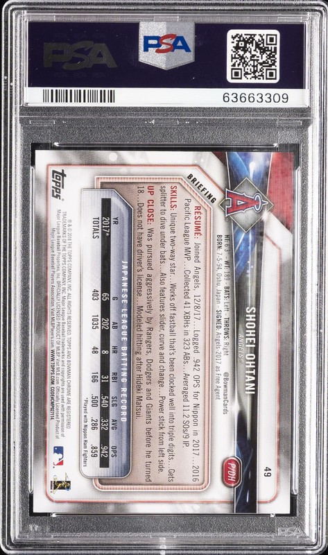 2018 BOWMAN SKY BLUE #49 SHOHEI OHTANI ROOKIE RC 96/499 PSA 9 view 2