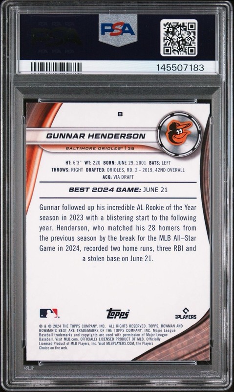 2024 Bowman's Best - Gunnar Henderson /75 Yellow Lazer Refractor #8 PSA 10 view 2