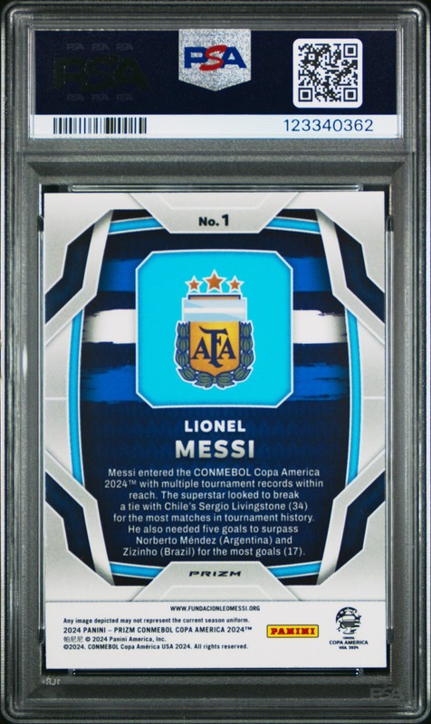 2024 PANINI PRIZM CONMEBOL COPA AMERICA SILVER PRIZM #1 LIONEL MESSI PSA 8 view 2