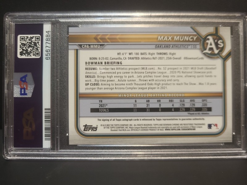 2022 Bowan Chrome Prospect Speckle 1st Bowman Auto Max Muncy /299 PSA 9 view 2