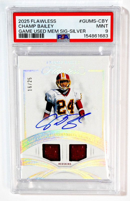 2025 Panini Flawless Champ Bailey Dual Game Used Patch Auto Silver /25 PSA 9