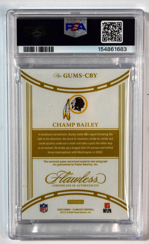 2025 Panini Flawless Champ Bailey Dual Game Used Patch Auto Silver /25 PSA 9 view 2