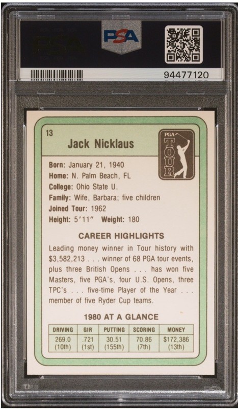 Jack Nicklaus 1981 Donruss Golf Stars #13 Rookie Card PSA 8 Graded Golf Card view 2
