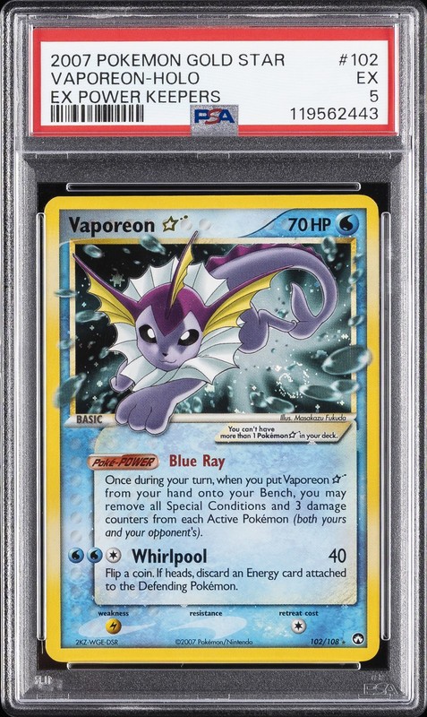 2007 POKEMON EX POWER KEEPERS GOLD STAR #102 VAPOREON-HOLO PSA 5