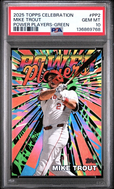 2025 TOPPS MEGA CELEBRATION BOX POWER PLAYERS GREEN #PP2 MIKE TROUT 74/99 PSA 10
