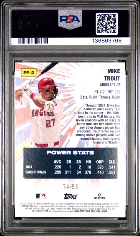 2025 TOPPS MEGA CELEBRATION BOX POWER PLAYERS GREEN #PP2 MIKE TROUT 74/99 PSA 10 view 2