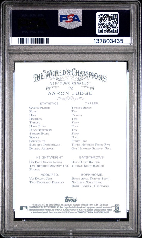 2017 TOPPS ALLEN & GINTER #172 AARON JUDGE ROOKIE RC PSA 10 view 2