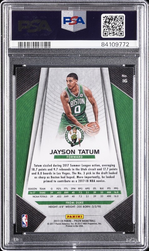 2017 PANINI PRIZM #16 JAYSON TATUM ROOKIE RC PSA 9 view 2