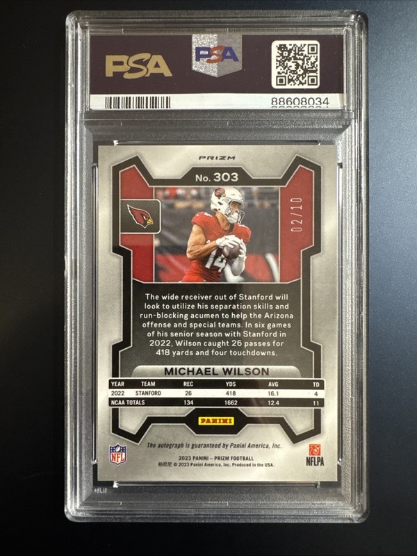 2023 Panini Prizm Football Michael Wilson True Gold /10 PSA 9 Auto 10 #303 RC view 2