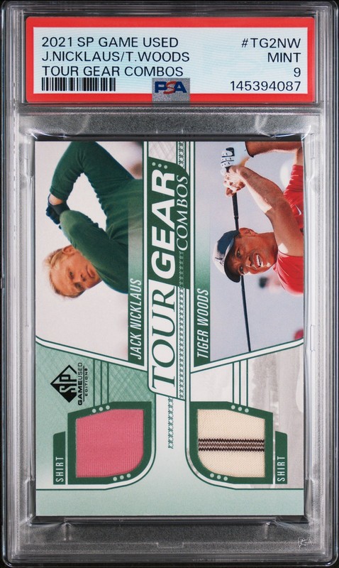 2021 SP GAME USED TOUR GEAR COMBOS #TG2NW JACK NICKLAUS/TIGER WOODS PSA 9