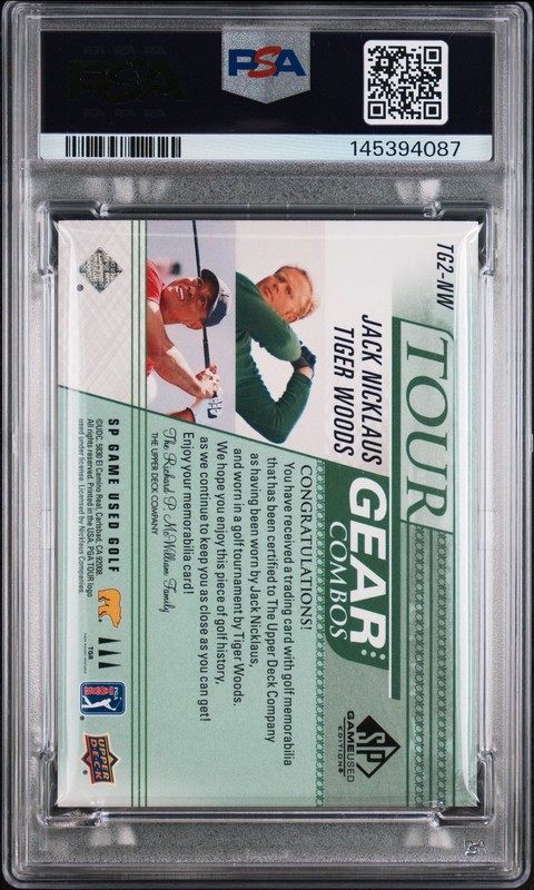 2021 SP GAME USED TOUR GEAR COMBOS #TG2NW JACK NICKLAUS/TIGER WOODS PSA 9 view 2