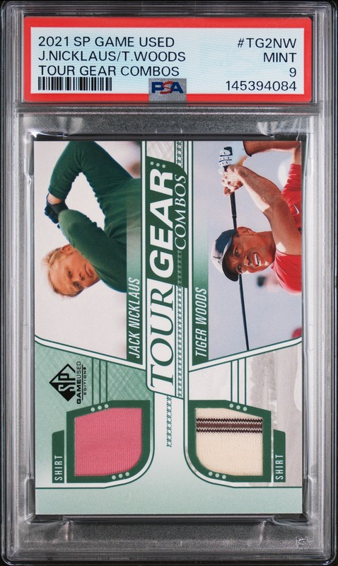 2021 SP GAME USED TOUR GEAR COMBOS #TG2NW JACK NICKLAUS/TIGER WOODS PSA 9