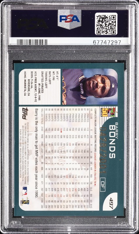 2001 TOPPS GOLD #497 BARRY BONDS 478/2001 PSA 8 view 2