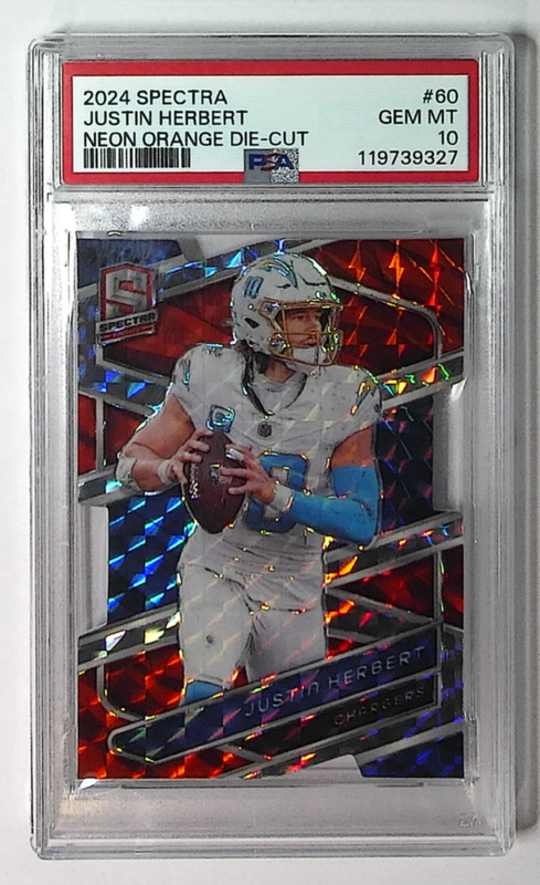 2024 Spectra Justin Herbert Neon Orange Die Cut Prizm /15 Chargers PSA 10 POP 1