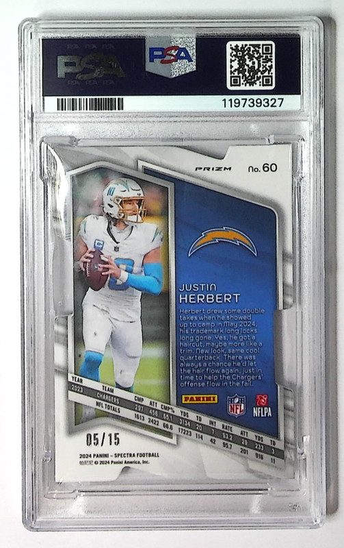 2024 Spectra Justin Herbert Neon Orange Die Cut Prizm /15 Chargers PSA 10 POP 1 view 2