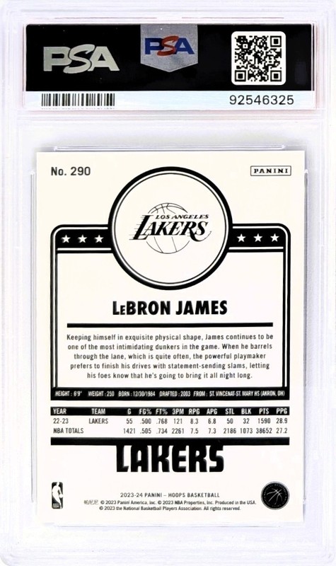 2023 Hoops - LeBron James #290 - Blue Explosion 51/59 Los Angeles Lakers PSA 10 view 2
