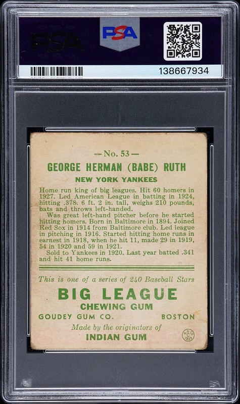 1933 GOUDEY #53 BABE RUTH PSA 1 view 2