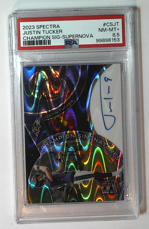 2023 Spectra Justin Tucker Champion Signatures Supernova Auto /65 PSA 8.5