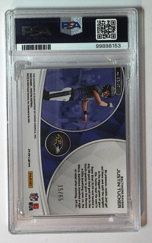 2023 Spectra Justin Tucker Champion Signatures Supernova Auto /65 PSA 8.5 view 2