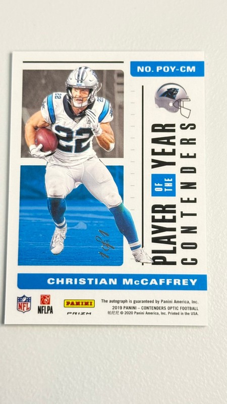 2019 Contenders #POY-CM Christian McCaffrey auto gold vinyl 1/1 view 2