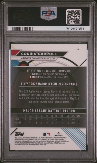 CORBIN CARROLL 2023 TOPPS FINEST RC #24 - Diamondbacks - PSA 10 view 2
