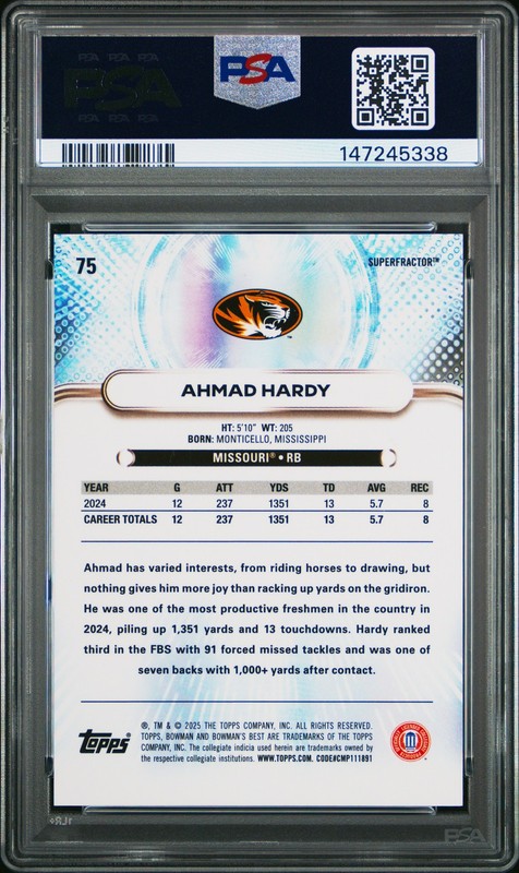 2025 BOWMAN BEST UNIVERSITY SUPERFRACTOR 1/1 #75 AHMAD HARDY 1/1 PSA 9 view 2