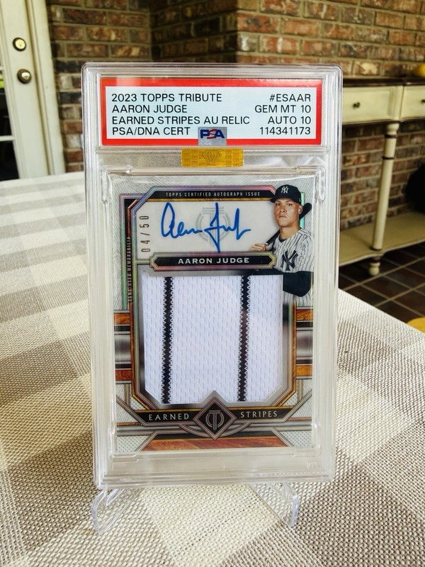 2023 Topps Tribute Aaron Judge Game Used Patch Auto /50 PSA 10 MBA GOLD DIAMOND