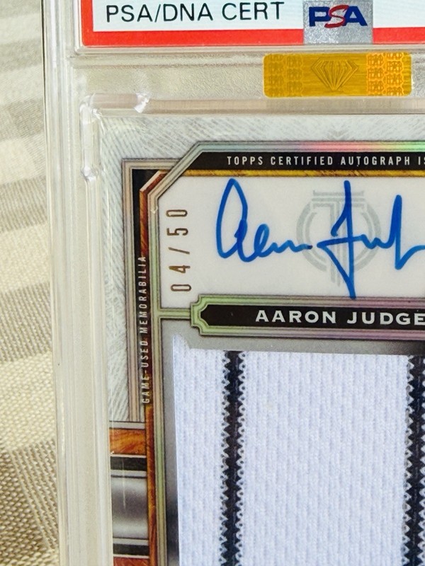 2023 Topps Tribute Aaron Judge Game Used Patch Auto /50 PSA 10 MBA GOLD DIAMOND view 2