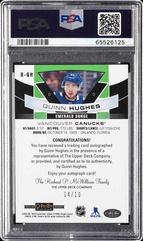 2020 O-PEE-CHEE PLATINUM ROOKIE AUTO EMERALD SURGE QUINN HUGHES 4/10 PSA 10 AUTO view 2
