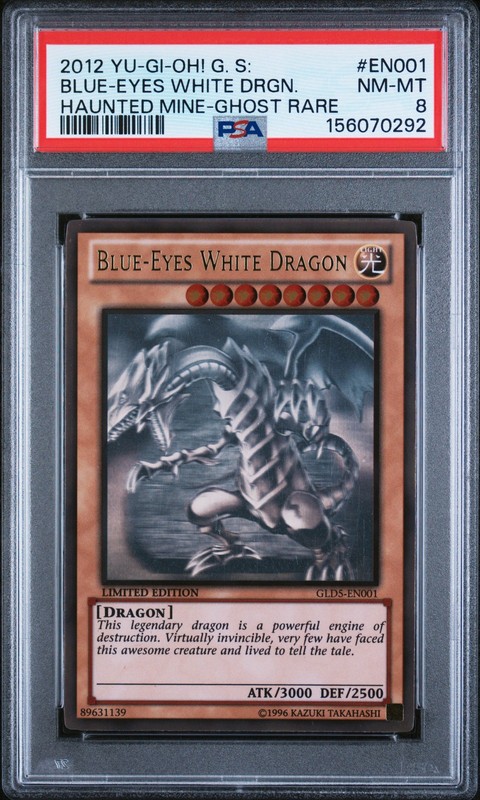 2012 YU-GI-OH! GOLD SERIES: HAUNTED MINE GHOST RARE BLUE-EYES WHITE DRAGON PSA 8