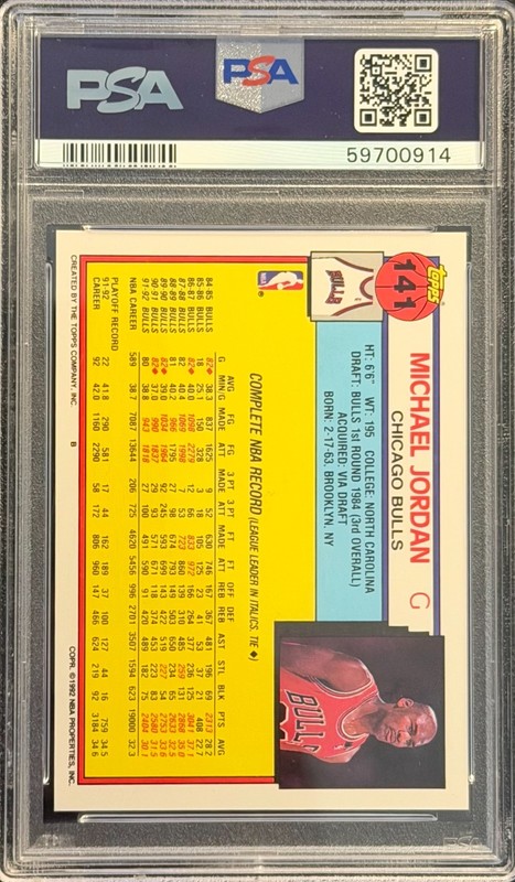1992 Topps #141 Michael Jordan Card PSA 10 HOF Chicago Bulls GOAT view 2
