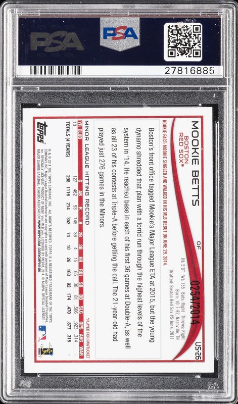 2014 TOPPS UPDATE BATTING-GOLD #US26 MOOKIE BETTS ROOKIE RC #/2014 PSA 9 view 2