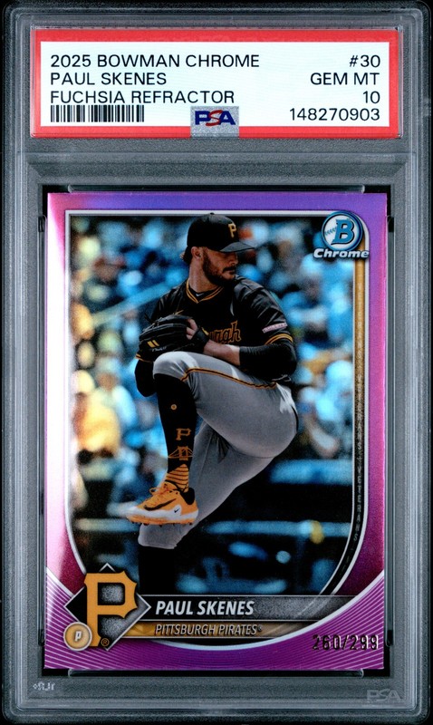 2025 BOWMAN CHROME FUCHSIA REFRACTOR #30 PAUL SKENES 260/299 PSA 10