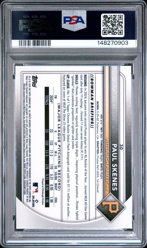 2025 BOWMAN CHROME FUCHSIA REFRACTOR #30 PAUL SKENES 260/299 PSA 10 view 2