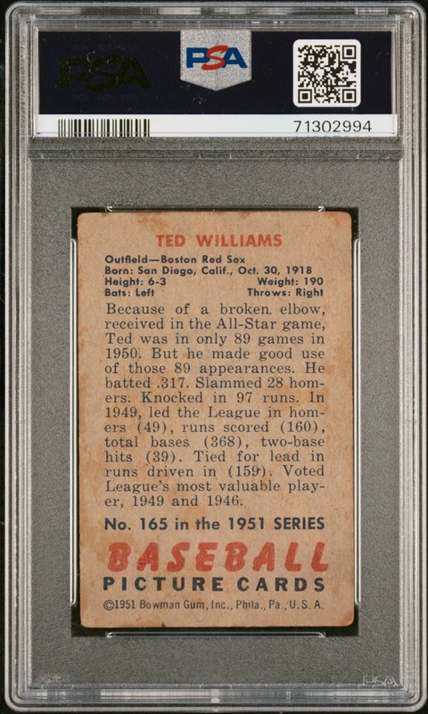 1951 BOWMAN #165 TED WILLIAMS PSA 2 view 2