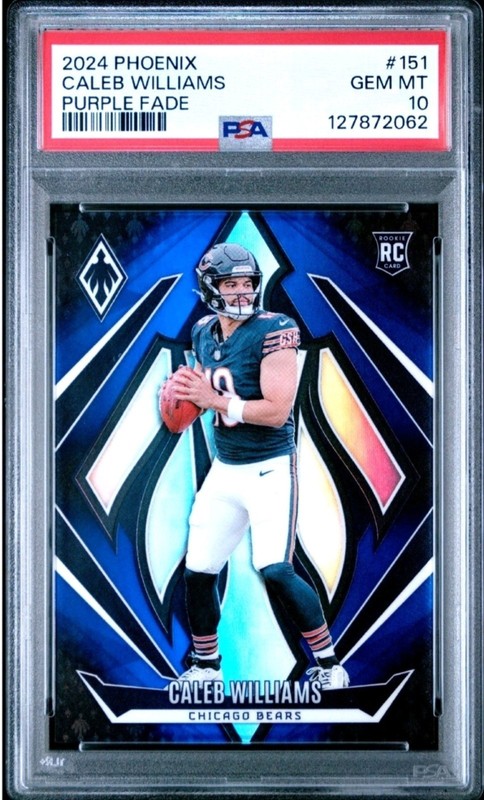 CALEB WILLIAMS 2024 PANINI PHOENIX PURPLE FADE RC /249 CHICAGO BEARS PSA 10