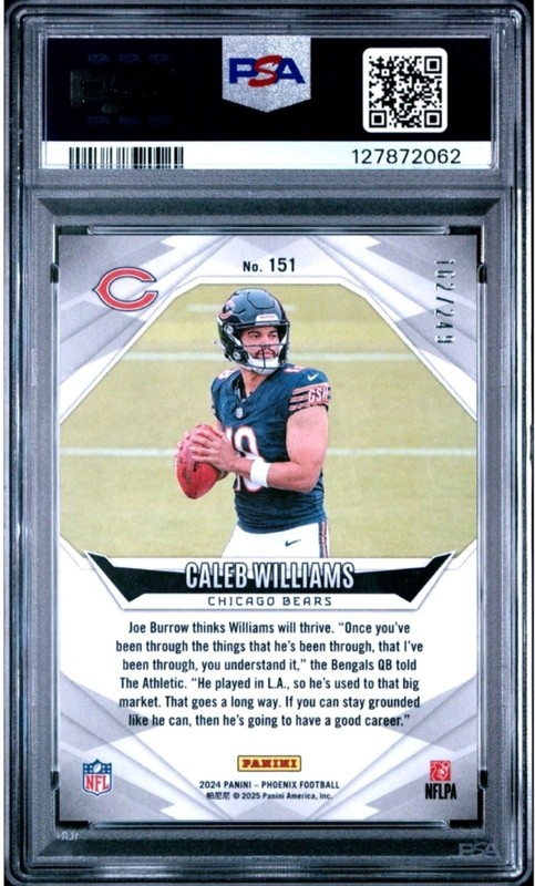 CALEB WILLIAMS 2024 PANINI PHOENIX PURPLE FADE RC /249 CHICAGO BEARS PSA 10 view 2