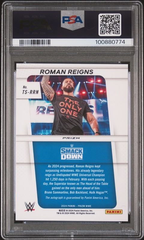 2024 PANINI PRIZM WWE THROWBACK SIGNATURES UNDER CARD PRIZM ROMAN REIGNS PSA 10 view 2