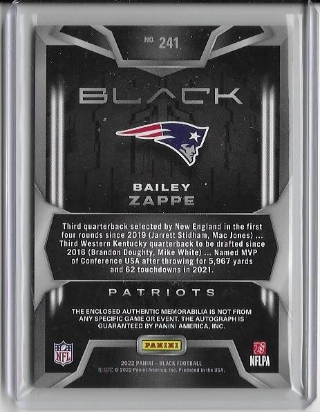 2022 BAILEY ZAPP PANINI BLACK ROOKIE PATCH AUTO 191/199 NO. 241 view 2