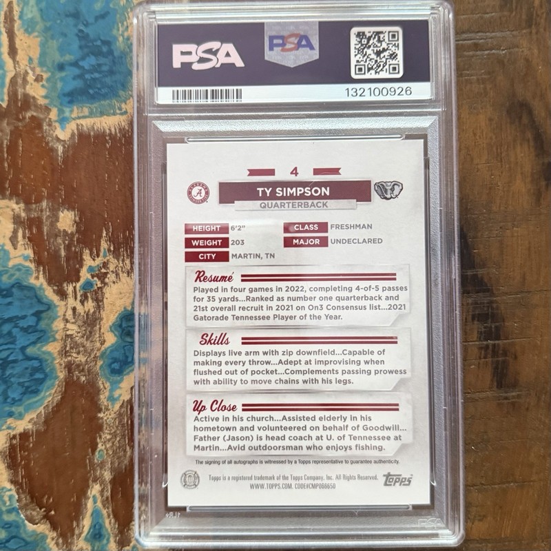 2023 Bowman U Alabama #4 TY SIMPSON PSA 10 GEM MT AUTOGRAPH PSA 10 view 2