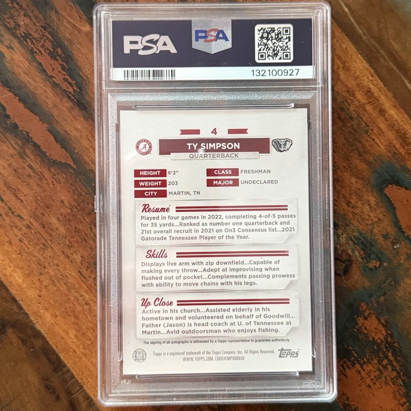 2023 Bowman U Alabama #4 TY SIMPSON PSA 9 MINT T AUTOGRAPH PSA 10 view 2