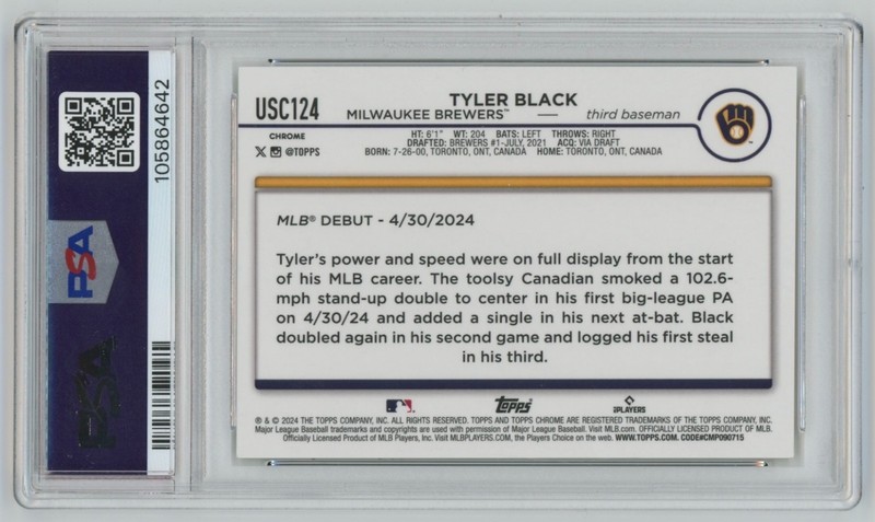 2024 Topps Chrome Update Tyler Black RC 1/1 Superfractor PSA 9 #USC124 Rookie view 2