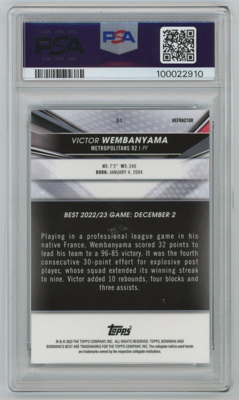 2022 Bowman University Best Victor Wembanyama XRC Refractor #51 PSA 8 Spurs view 2