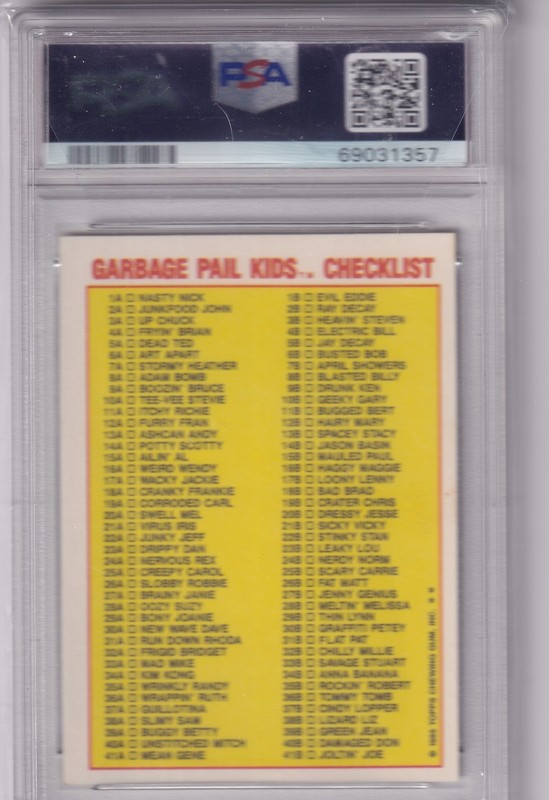 1985 GARBAGE PAIL KIDS #8b BLASTED BILLY STICKER CHECKLIST BACK PSA 6 EX-MT view 2